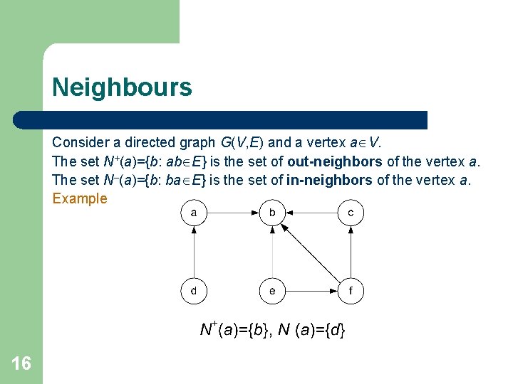 Neighbours Consider a directed graph G(V, E) and a vertex a V. The set Neighbours Consider a directed graph G(V, E) and a vertex a V. The set