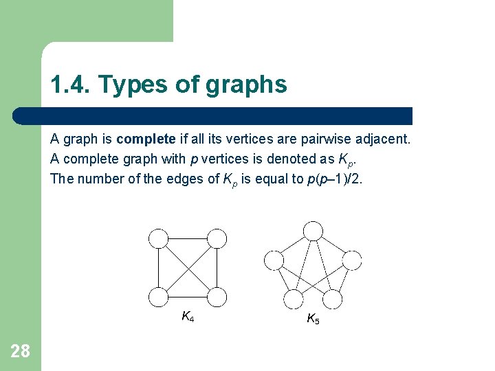 1. 4. Types of graphs A graph is complete if all its vertices are 1. 4. Types of graphs A graph is complete if all its vertices are