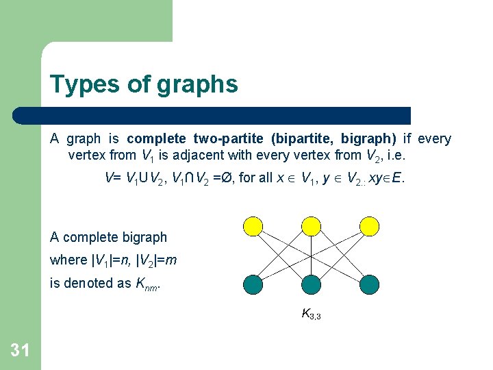 Types of graphs A graph is complete two-partite (bipartite, bigraph) if every vertex from Types of graphs A graph is complete two-partite (bipartite, bigraph) if every vertex from