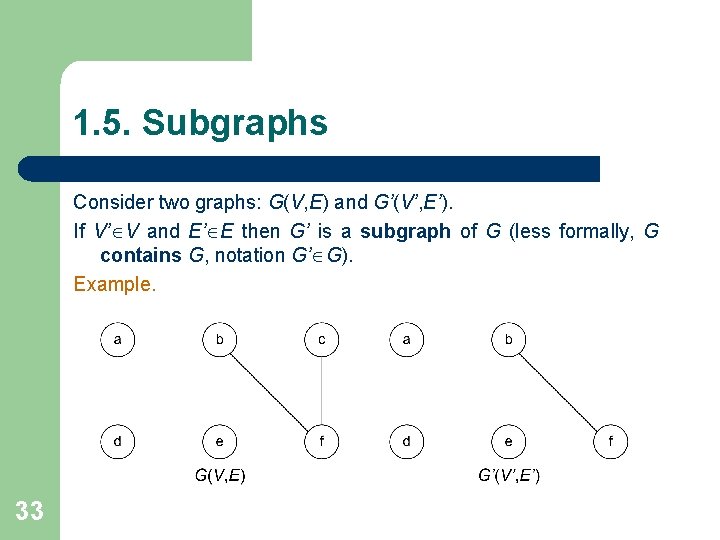 1. 5. Subgraphs Consider two graphs: G(V, E) and G’(V’, E’). If V’ V 1. 5. Subgraphs Consider two graphs: G(V, E) and G’(V’, E’). If V’ V