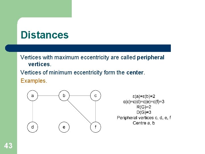 Distances Vertices with maximum eccentricity are called peripheral vertices. Vertices of minimum eccentricity form Distances Vertices with maximum eccentricity are called peripheral vertices. Vertices of minimum eccentricity form