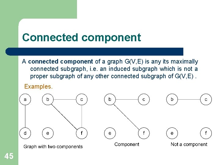Connected component A connected component of a graph G(V, E) is any its maximally Connected component A connected component of a graph G(V, E) is any its maximally