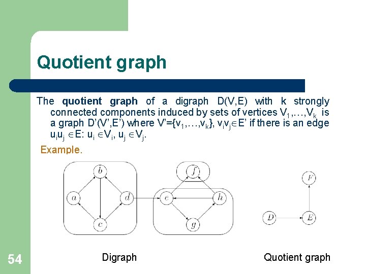Quotient graph The quotient graph of a digraph D(V, E) with k strongly connected Quotient graph The quotient graph of a digraph D(V, E) with k strongly connected