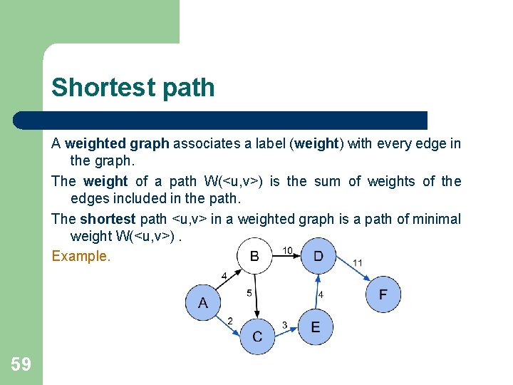 Shortest path A weighted graph associates a label (weight) with every edge in the Shortest path A weighted graph associates a label (weight) with every edge in the