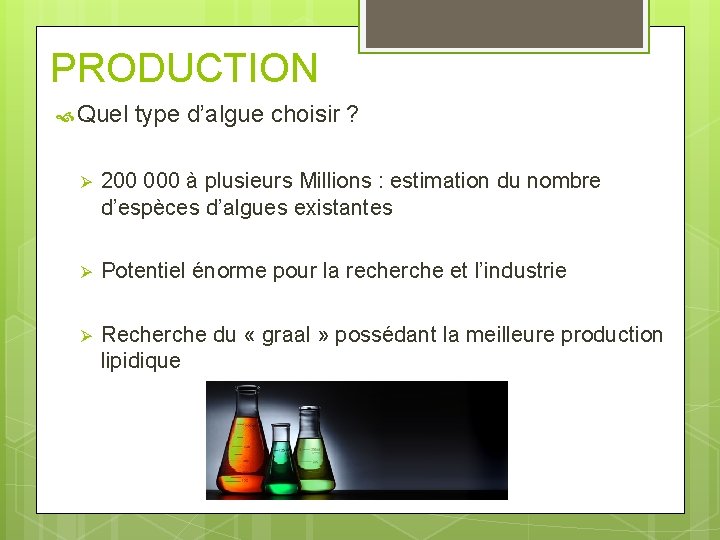PRODUCTION Quel type d’algue choisir ? Ø 200 000 à plusieurs Millions : estimation