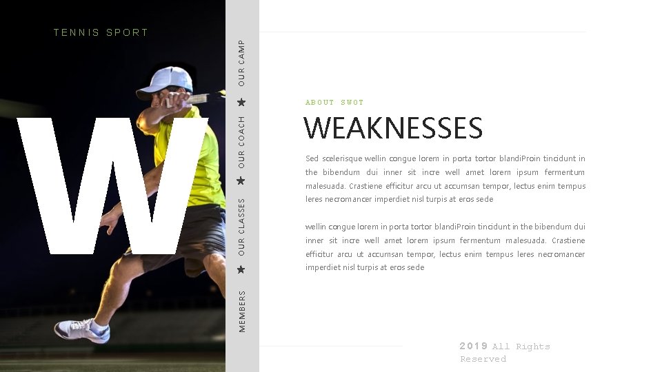 OUR CAMP TENNIS SPORT OUR COACH ABOUT SWOT WEAKNESSES Sed scelerisque wellin congue lorem