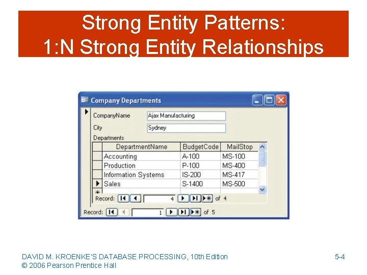 Strong Entity Patterns: 1: N Strong Entity Relationships DAVID M. KROENKE’S DATABASE PROCESSING, 10
