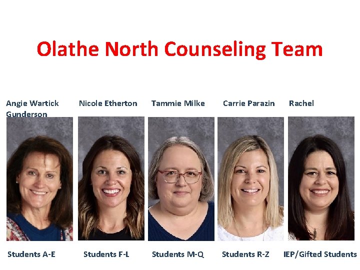 Olathe North Counseling Team Angie Wartick Gunderson Nicole Etherton Tammie Milke Carrie Parazin Students