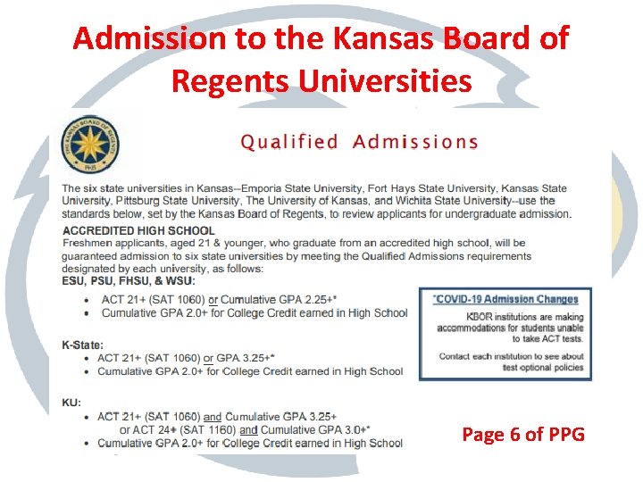 Admission to the Kansas Board of Regents Universities Page 6 of PPG 