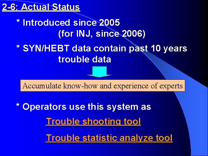 2 -6: Actual Status * Introduced since 2005 (for INJ, since 2006) * SYN/HEBT
