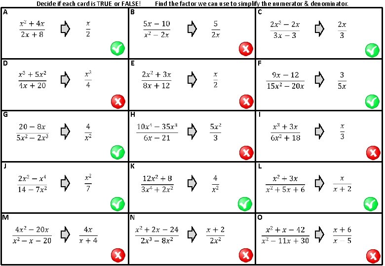 A Decide if each card is TRUE or FALSE! B Find the factor we