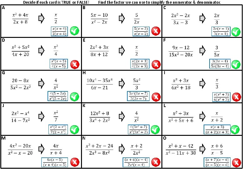 A Decide if each card is TRUE or FALSE! B Find the factor we