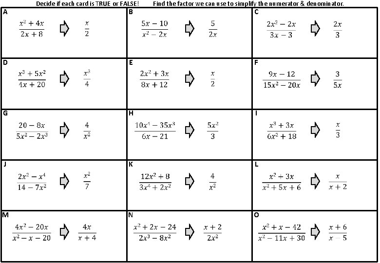 A Decide if each card is TRUE or FALSE! B Find the factor we