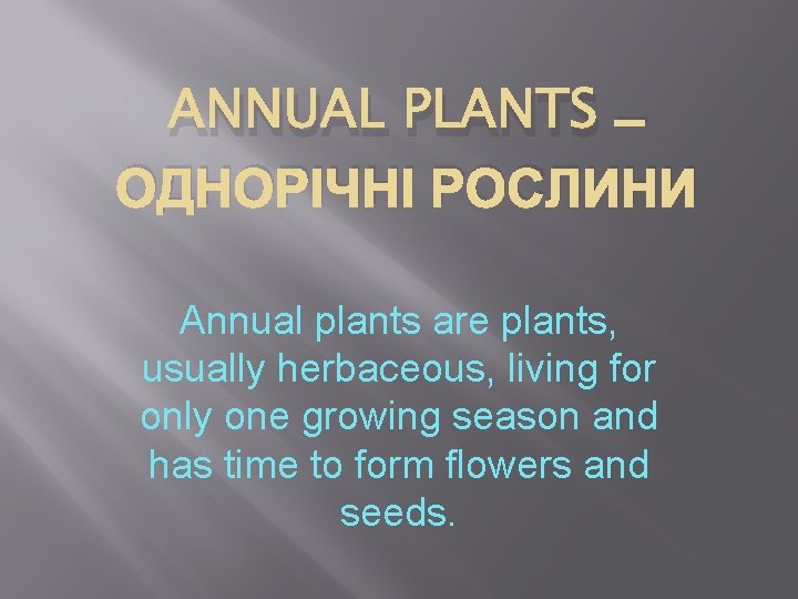 ANNUAL PLANTS – ОДНОРІЧНІ РОСЛИНИ Annual plants are plants, usually herbaceous, living for only