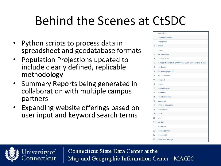 Behind the Scenes at Ct. SDC • Python scripts to process data in spreadsheet