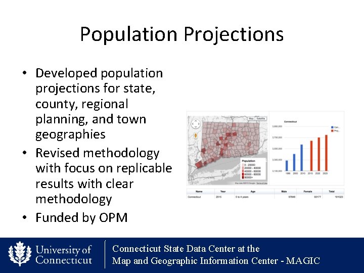 Population Projections • Developed population projections for state, county, regional planning, and town geographies