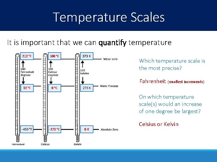 Temperature Scales It is important that we can quantify temperature 212 °F 100 °C