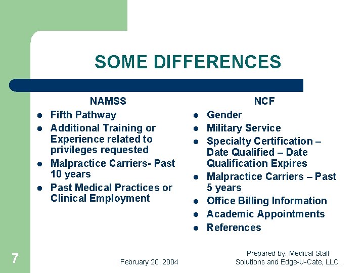 SOME DIFFERENCES l l NAMSS Fifth Pathway Additional Training or Experience related to privileges