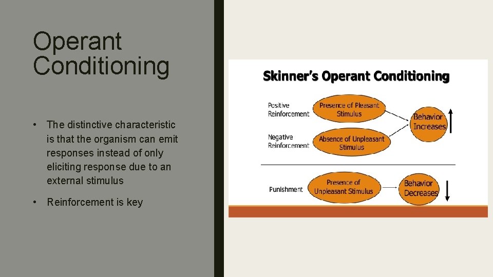 Operant Conditioning • The distinctive characteristic is that the organism can emit responses instead