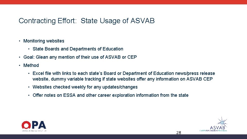 Contracting Effort: State Usage of ASVAB • Monitoring websites • State Boards and Departments