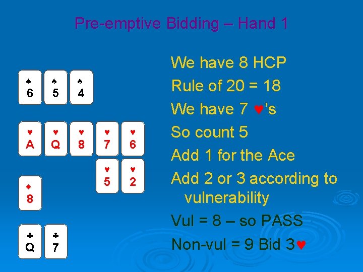 Pre-emptive Bidding – Hand 1 6 5 4 A Q 8 7 6 5
