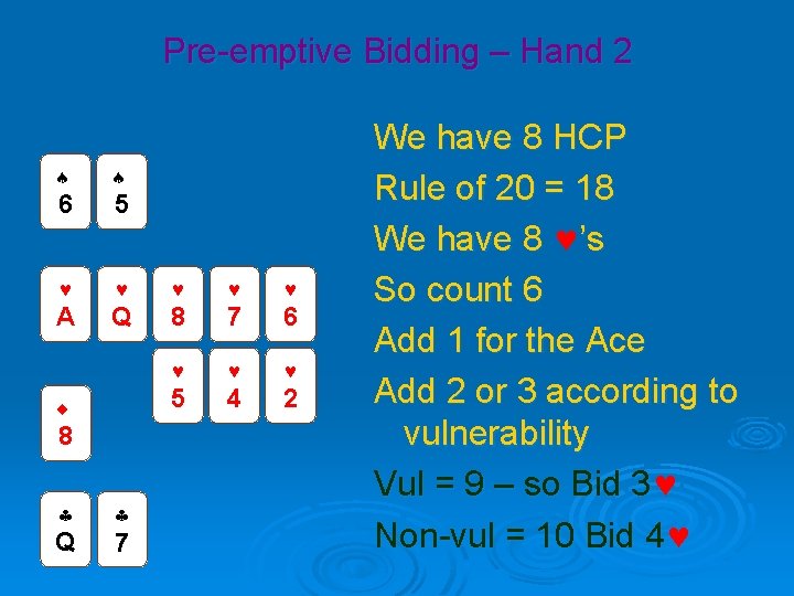 Pre-emptive Bidding – Hand 2 6 5 A Q 8 7 6 5 4