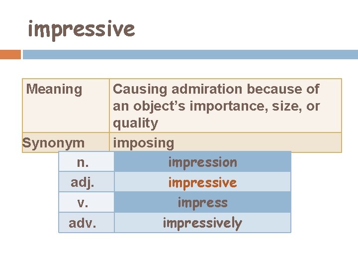 impressive Meaning Synonym n. adj. v. adv. Causing admiration because of an object’s importance,