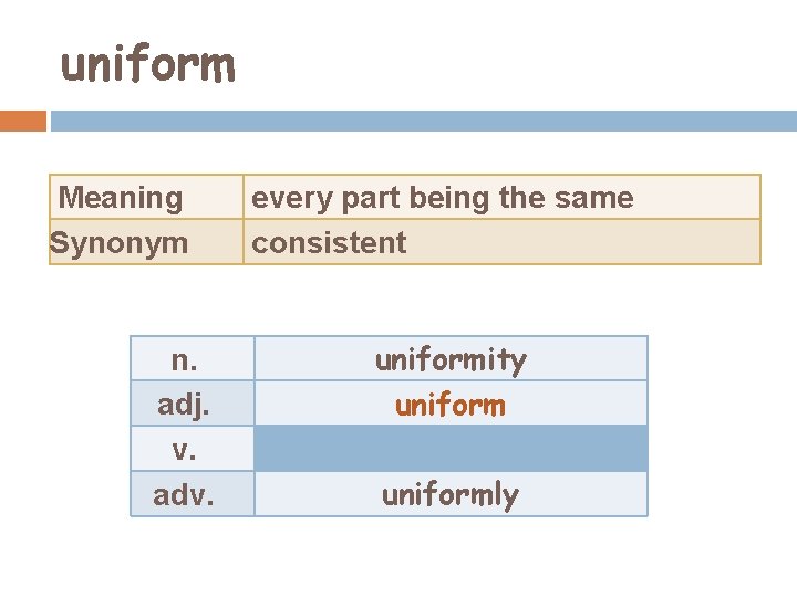 uniform Meaning Synonym n. adj. v. adv. every part being the same consistent uniformity