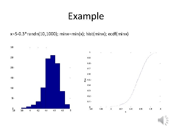 Example x=5 -0. 3*randn(10, 1000); minx=min(x); hist(minx); ecdf(minx) 