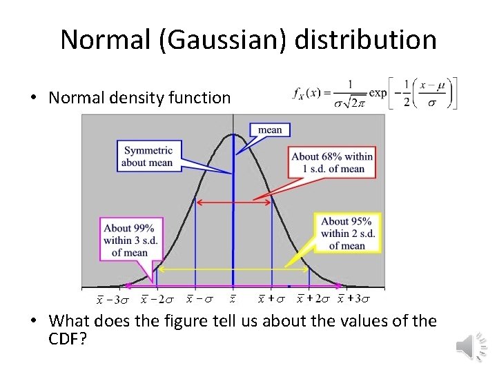Normal (Gaussian) distribution • Normal density function • What does the figure tell us