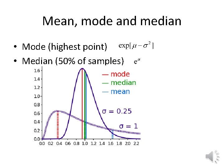 Mean, mode and median • Mode (highest point) • Median (50% of samples) 