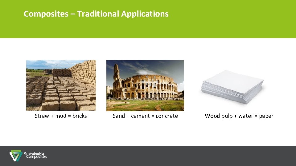 Composites – Traditional Applications Straw + mud = bricks Sand + cement = concrete