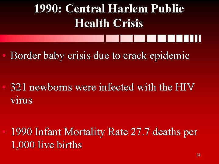 1990: Central Harlem Public Health Crisis • Border baby crisis due to crack epidemic