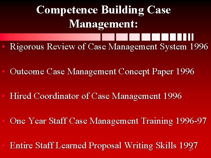 Competence Building Case Management: • Rigorous Review of Case Management System 1996 • Outcome