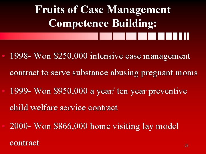 Fruits of Case Management Competence Building: • 1998 - Won $250, 000 intensive case