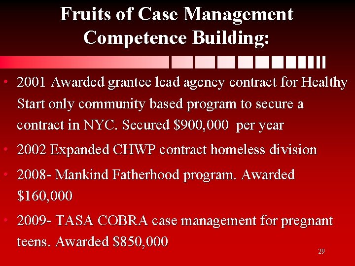 Fruits of Case Management Competence Building: • 2001 Awarded grantee lead agency contract for