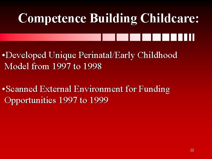 Competence Building Childcare: • Developed Unique Perinatal/Early Childhood Model from 1997 to 1998 •