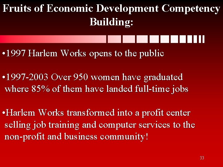 Fruits of Economic Development Competency Building: • 1997 Harlem Works opens to the public