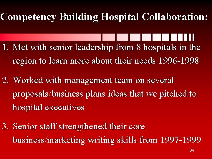 Competency Building Hospital Collaboration: 1. Met with senior leadership from 8 hospitals in the