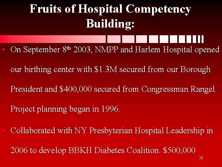 Fruits of Hospital Competency Building: • On September 8 th 2003, NMPP and Harlem