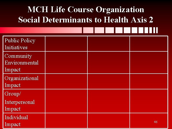 MCH Life Course Organization Social Determinants to Health Axis 2 Public Policy Initiatives Community
