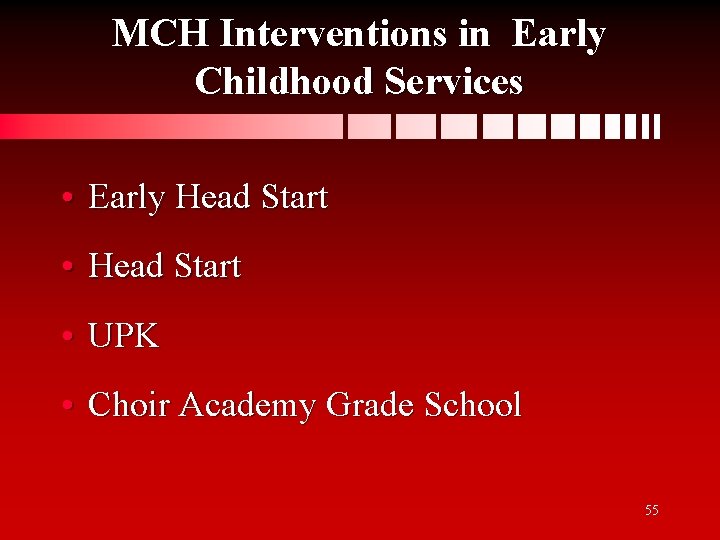 MCH Interventions in Early Childhood Services • Early Head Start • UPK • Choir