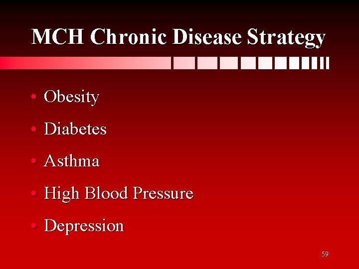 MCH Chronic Disease Strategy • Obesity • Diabetes • Asthma • High Blood Pressure