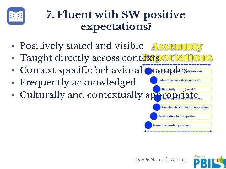 7. Fluent with SW positive expectations? ▪ ▪ ▪ Positively stated and visible Taught