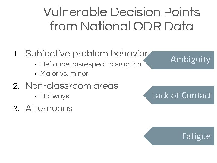 Vulnerable Decision Points from National ODR Data 1. Subjective problem behavior Defiance, disrespect, disruption