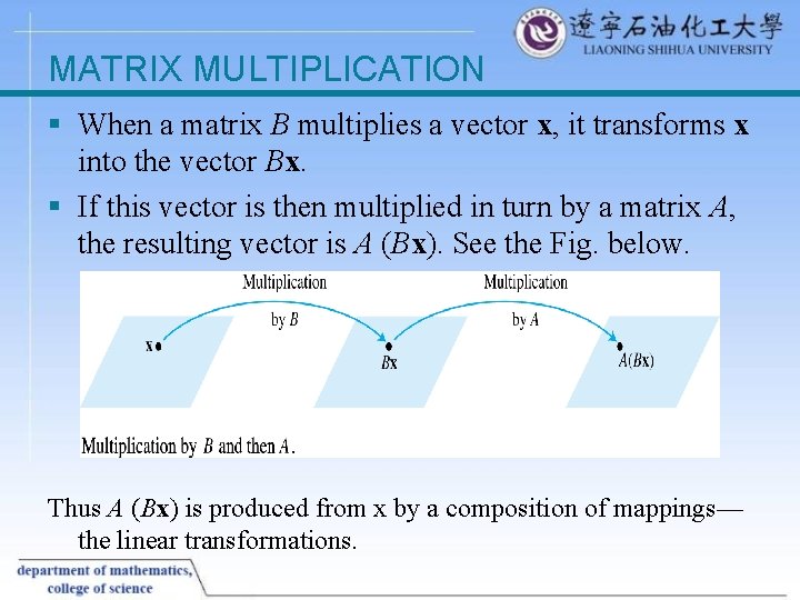 MATRIX MULTIPLICATION § When a matrix B multiplies a vector x, it transforms x