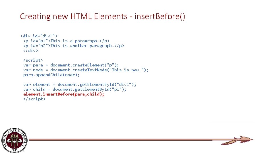 Creating new HTML Elements - insert. Before() <div id="div 1"> <p id="p 1">This is