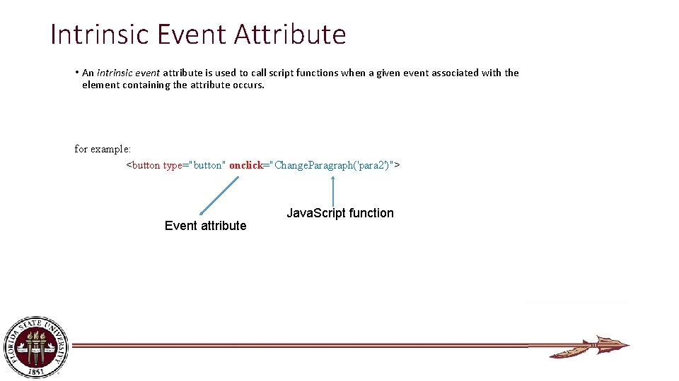 Intrinsic Event Attribute • An intrinsic event attribute is used to call script functions