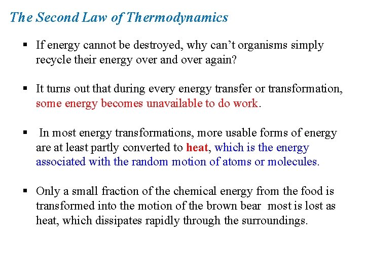 The Second Law of Thermodynamics § If energy cannot be destroyed, why can’t organisms