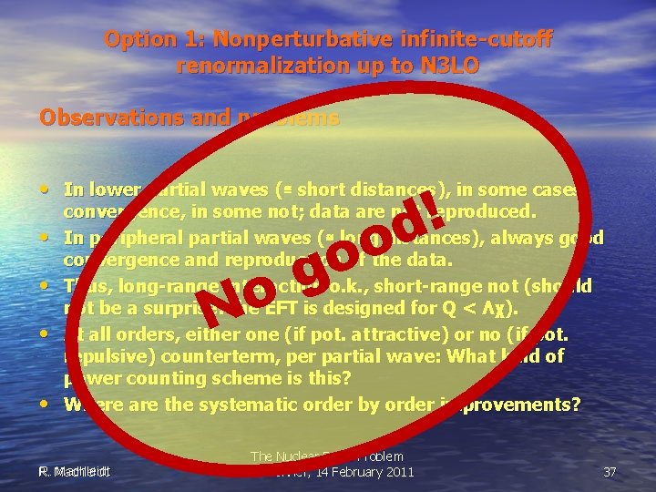 Option 1: Nonperturbative infinite-cutoff renormalization up to N 3 LO Observations and problems !